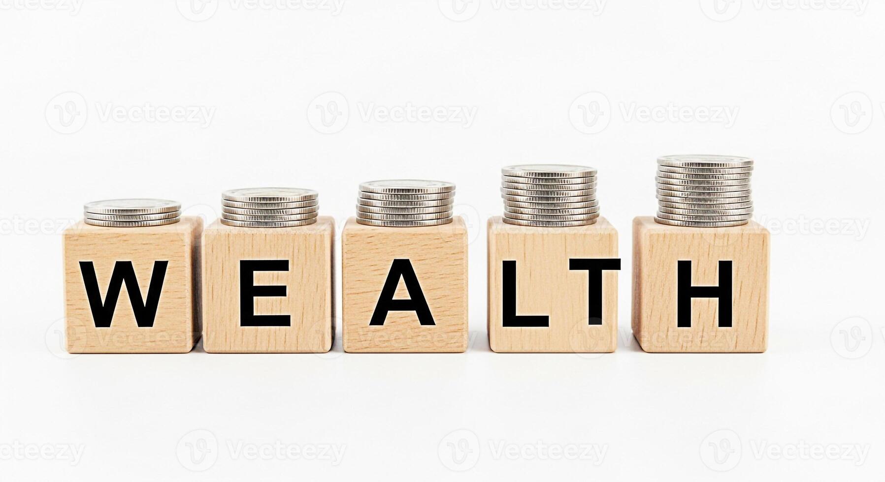 Stacks of coins on wooden blocks spelling WEALTH on a white background representing financial growth investment success and the accumulation of wealth in a clean and minimalist setting photo