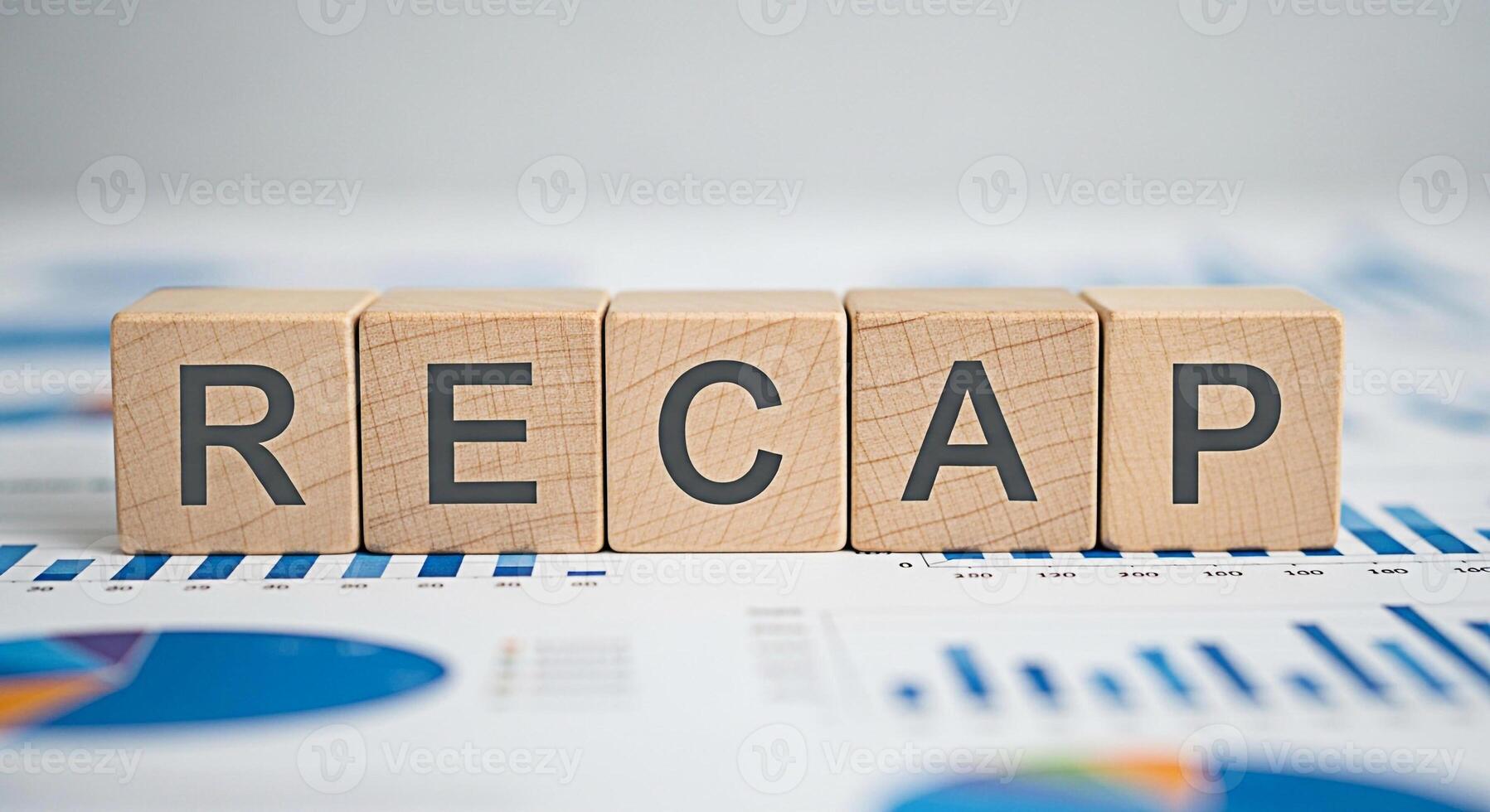 Wooden blocks spelling RECAP resting on financial charts symbolizing a review of performance and results in a business setting conveying a sense of analysis and strategic planning for future growth photo