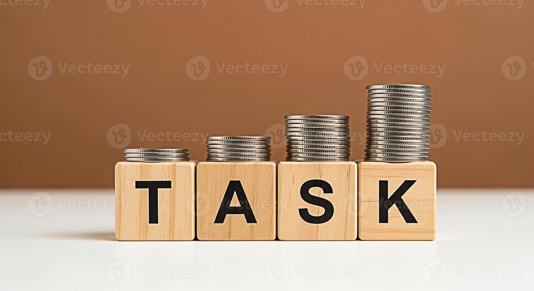 Stacks of coins increasing on wooden blocks spelling TASK in a studio setting symbolizing growth achievement and the importance of completing tasks for financial success and business development photo