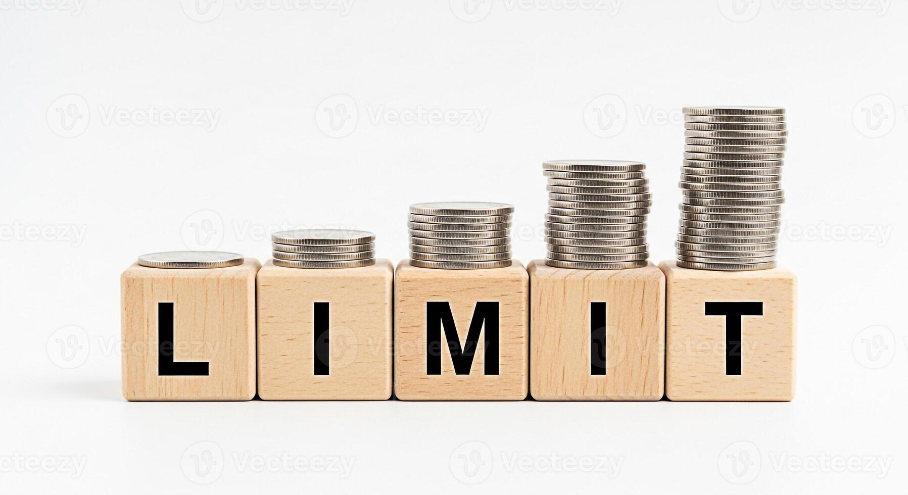 Stacks of coins growing on wooden blocks spelling LIMIT against a white background representing financial limits and growth constraints in a clear and concise manner emphasizing the concept of boundar photo