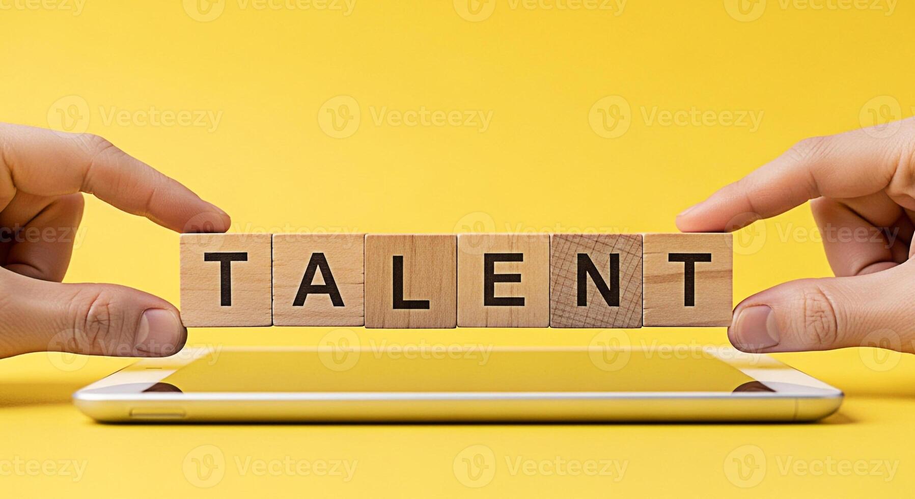 Hands arranging wooden blocks spelling TALENT on a smartphone against a vibrant yellow backdrop symbolizing skill development potential and the importance of nurturing individual abilities in a digita photo