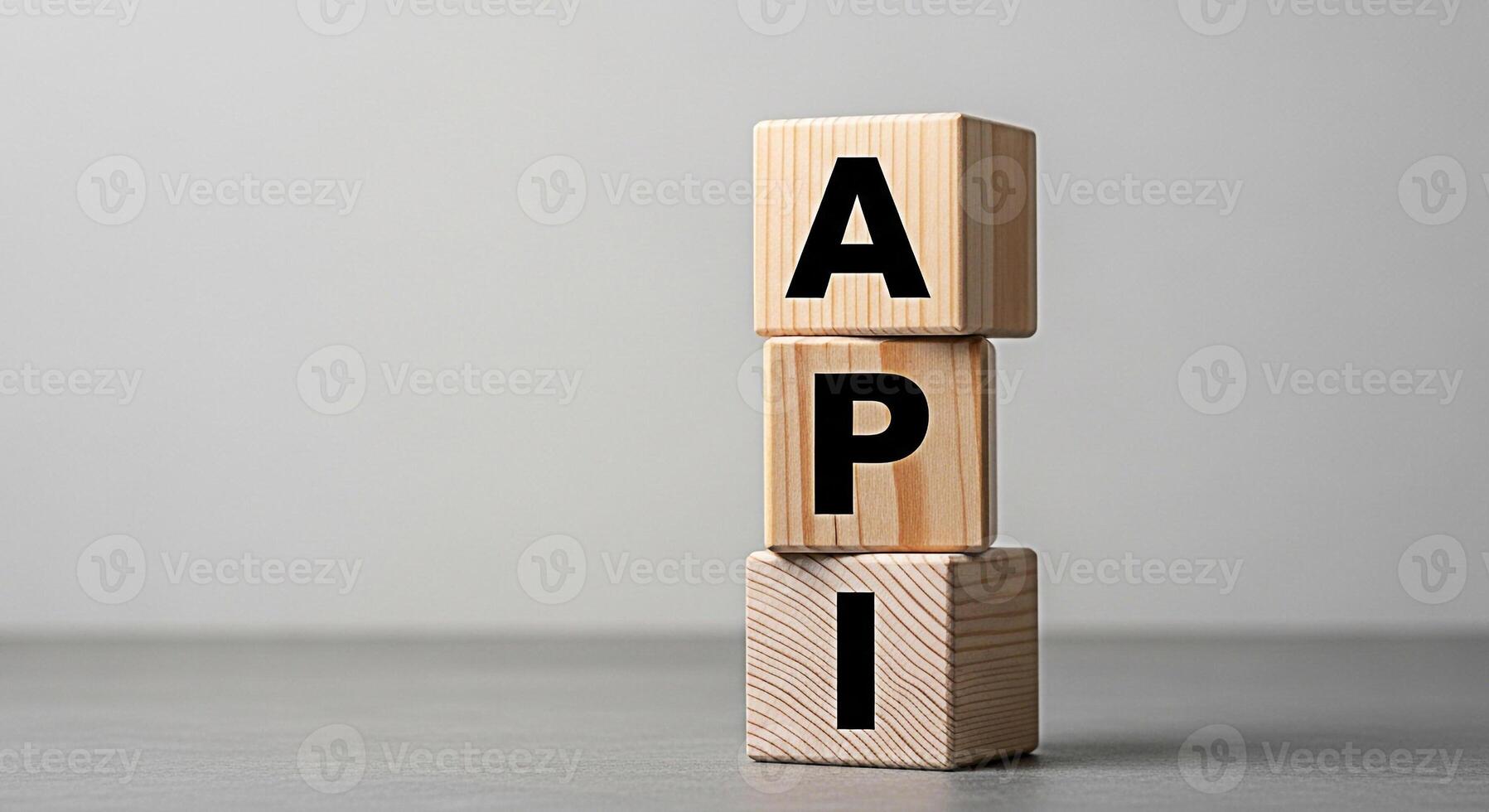Wooden blocks spelling API stacked on a gray surface symbolizing application programming interface development and integration in a clean minimalist studio setting conveying a sense of clarity and sim photo
