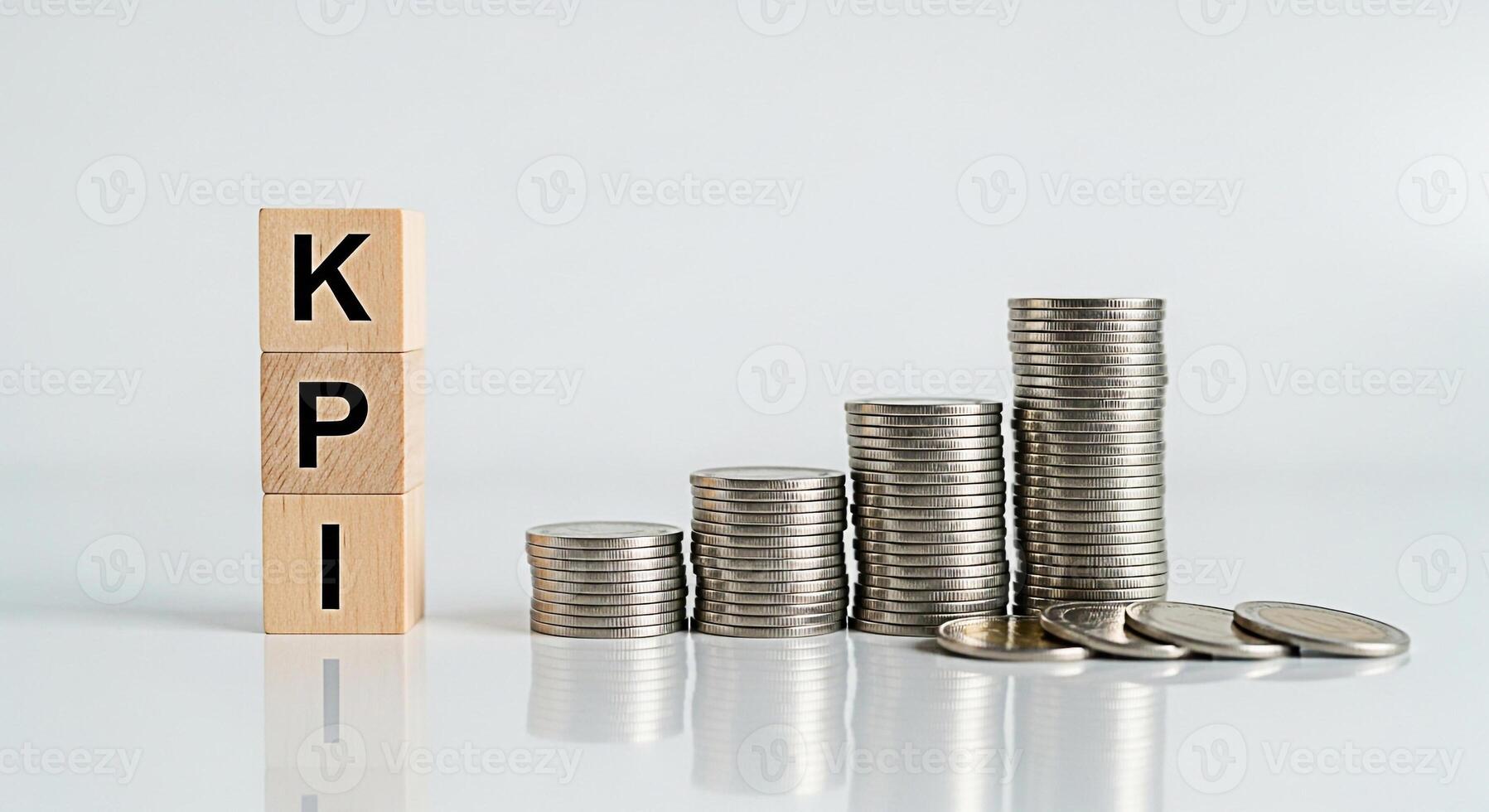 Wooden blocks displaying KPI next to stacks of coins on a white surface representing growth and success in business showcasing key performance indicators and financial progress in a clean and modern s photo