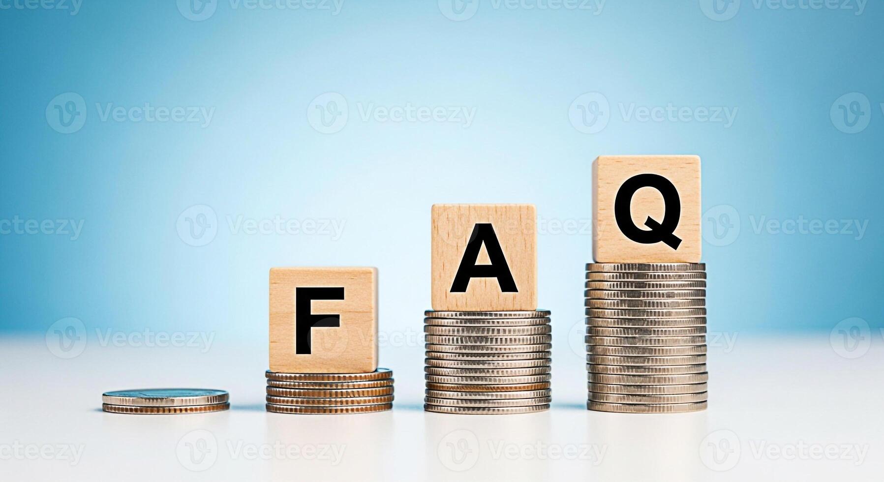 Wooden blocks displaying FAQ on stacks of coins against a gradient blue background representing frequently asked questions financial planning and investment growth with a clear and informative concept photo