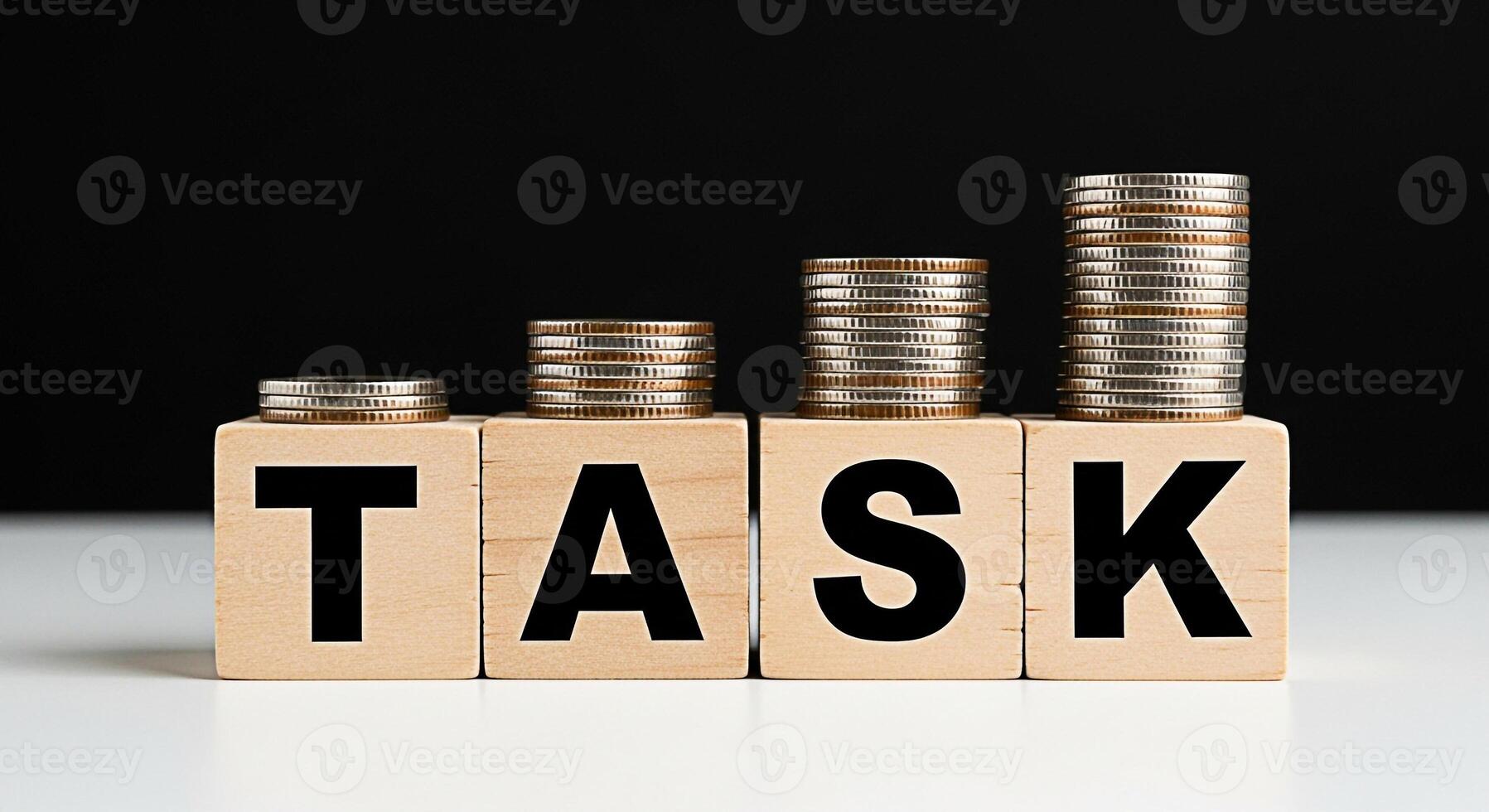 Stacks of coins increasing on wooden blocks spelling TASK against a dark background representing financial growth business objectives and the successful completion of goals with a positive outlook photo
