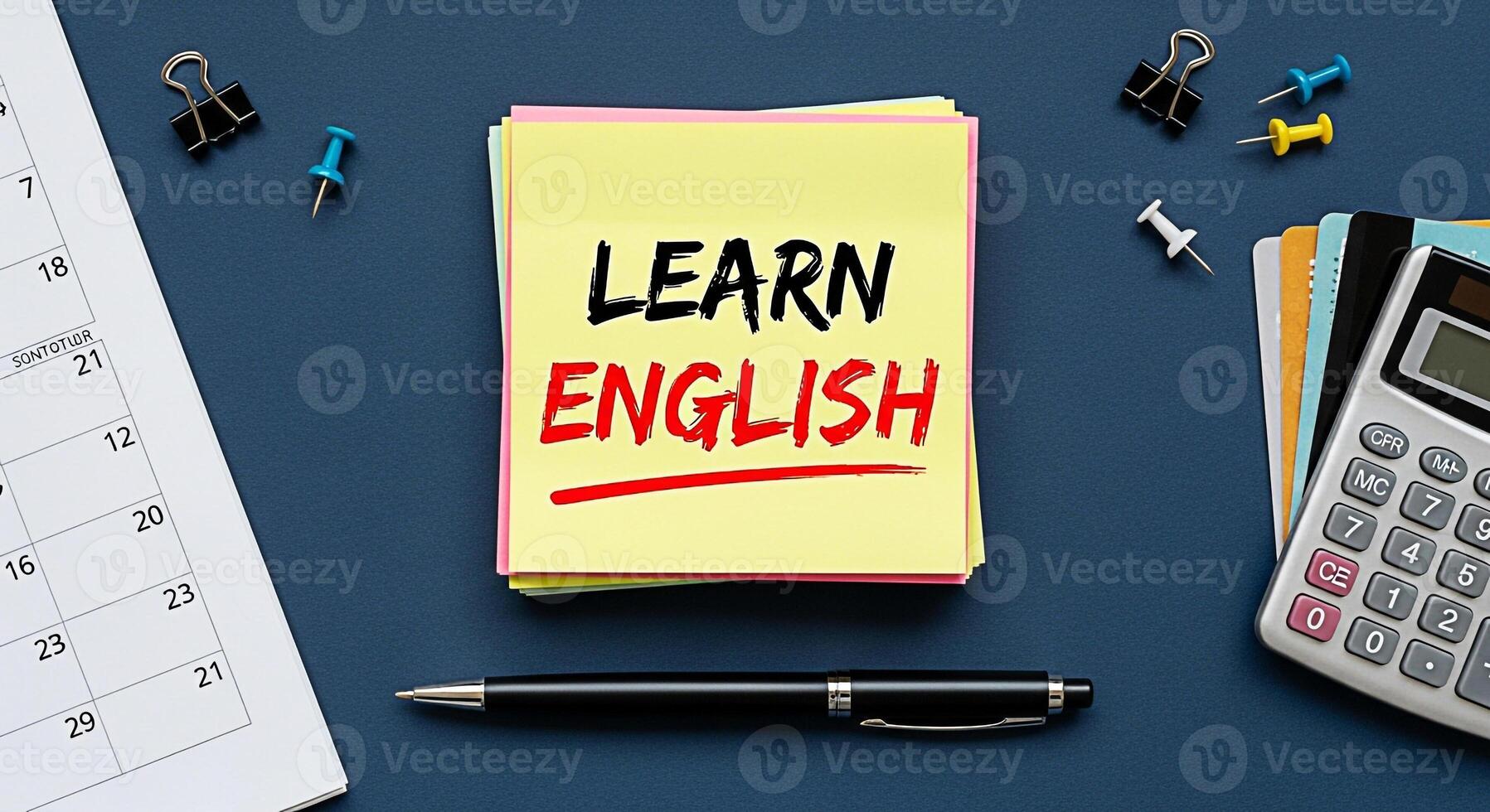 Topdown view of a stack of sticky notes displaying Learn English on a blue desk surrounded by office supplies like a calendar pen calculator and binder clips creating a focused and educational atmosph photo