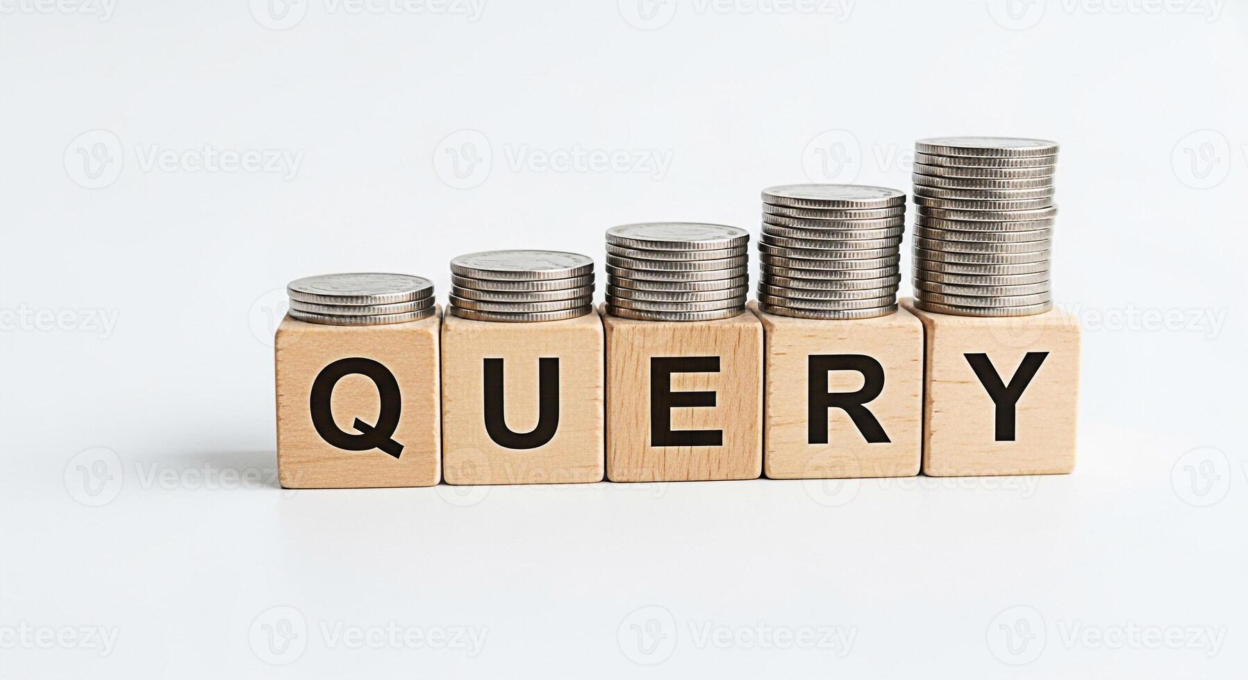 Stacks of coins growing on wooden blocks spelling QUERY against a white background representing data analysis information retrieval and the increasing value of search engine optimization photo