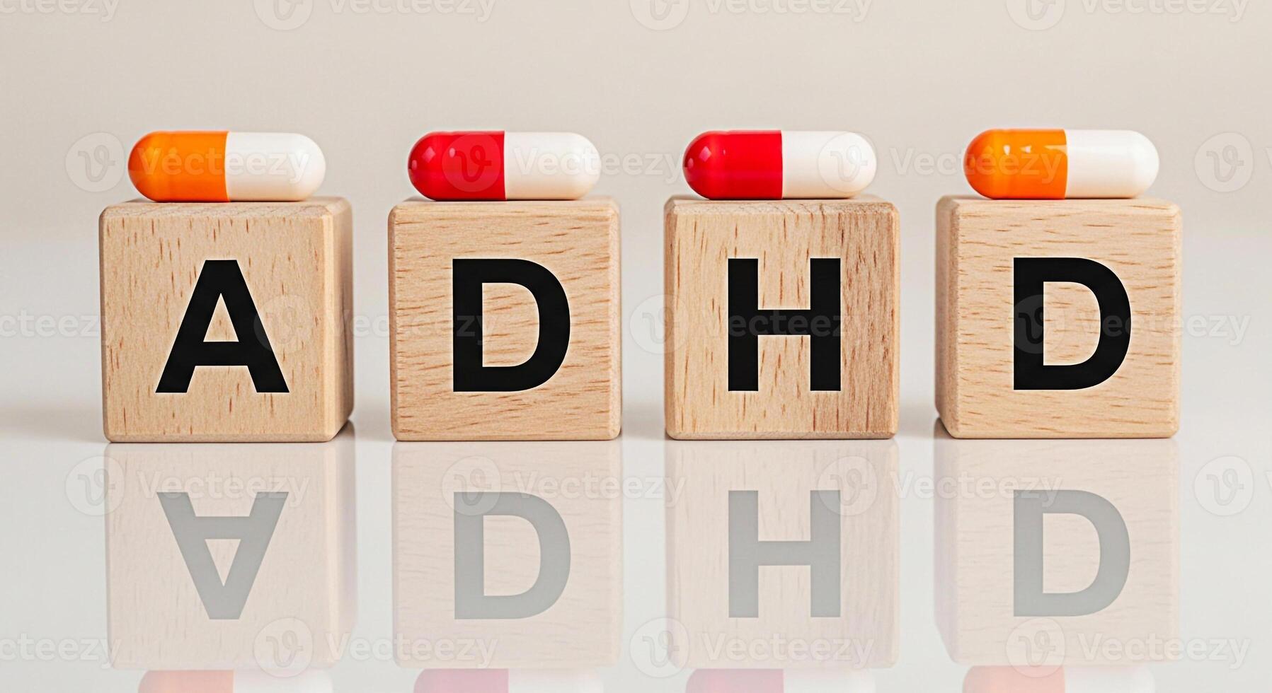 ADHD medication displayed on wooden blocks with pills symbolizing treatment and management of attention deficit hyperactivity disorder in a clinical setting promoting focus and cognitive support photo