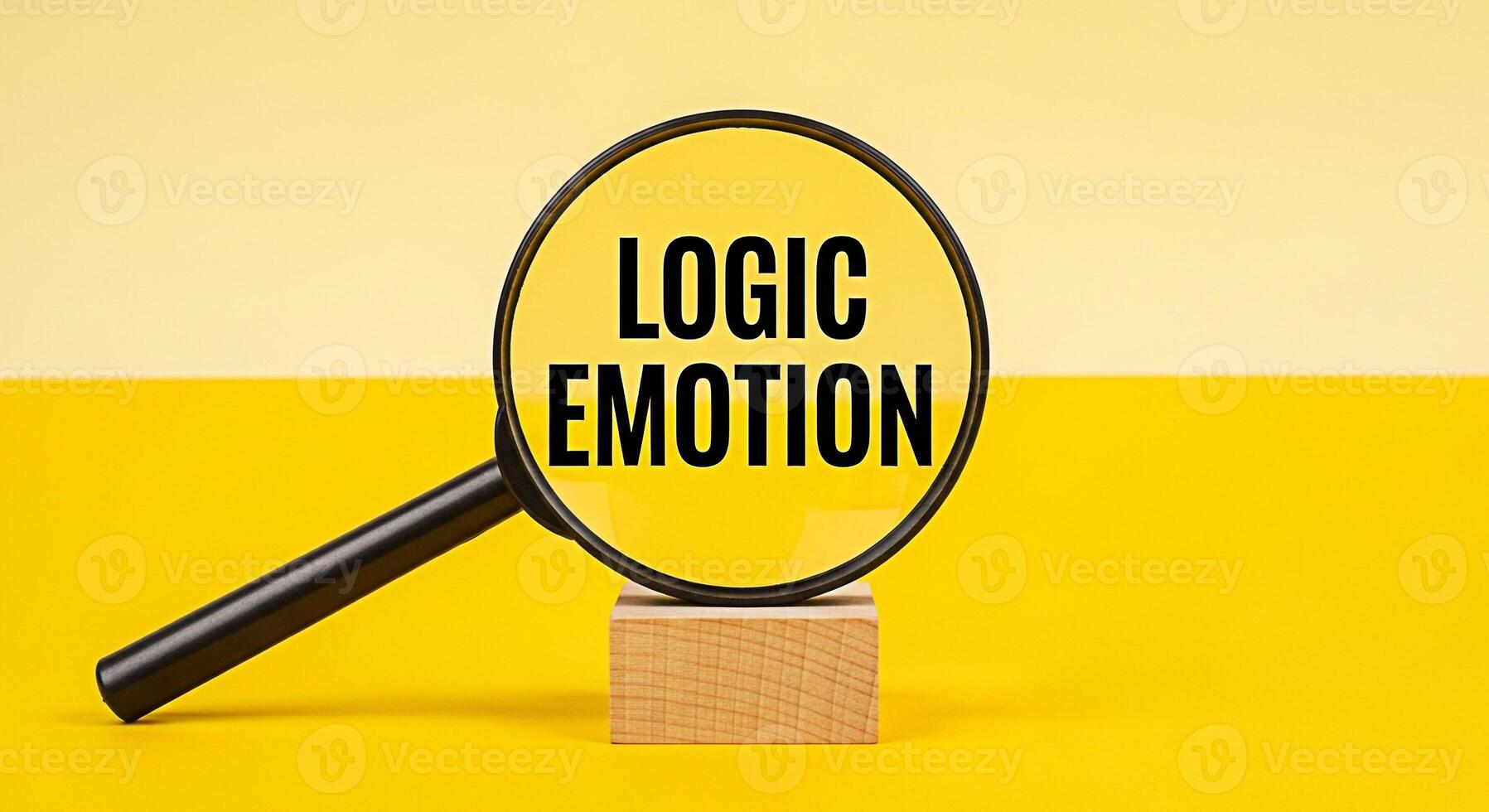Magnifying glass revealing the words Logic Emotion on a yellow background symbolizing the balance between rational thinking and emotional intelligence in decisionmaking creating a concept of analysis photo