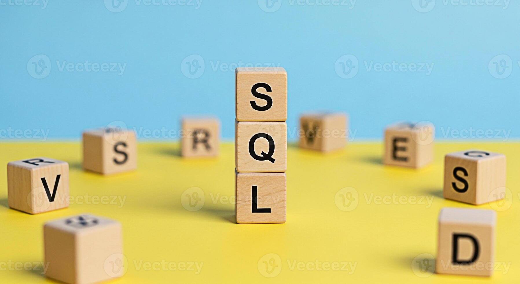 Wooden blocks spelling out SQL on a yellow and blue background representing database management and data querying conveying a clean and modern aesthetic with a focus on information technology concepts photo