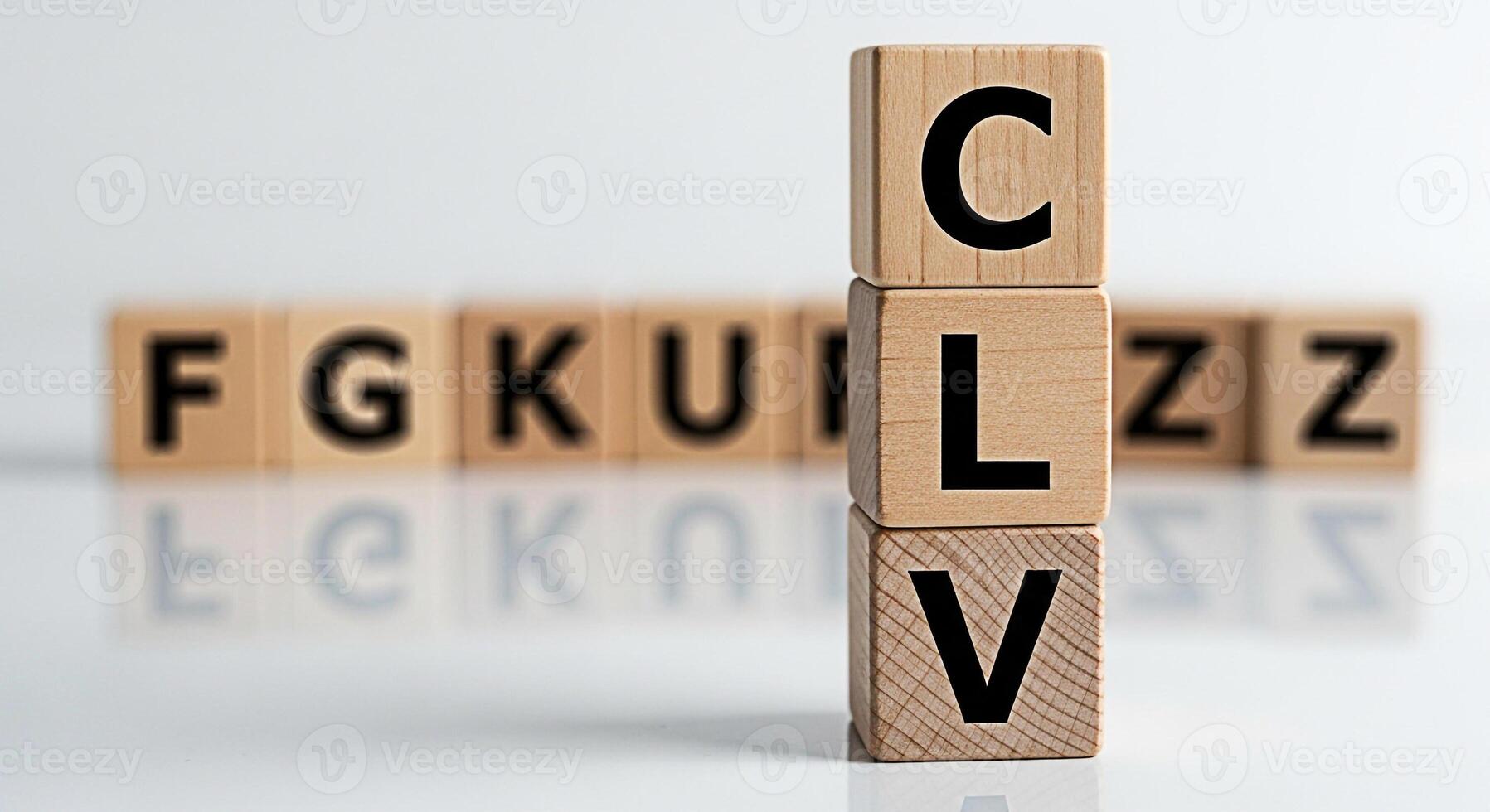 Stacked wooden blocks spelling CLV in a clean studio environment representing Customer Lifetime Value and emphasizing business strategy marketing analytics and longterm customer relationships for sust photo