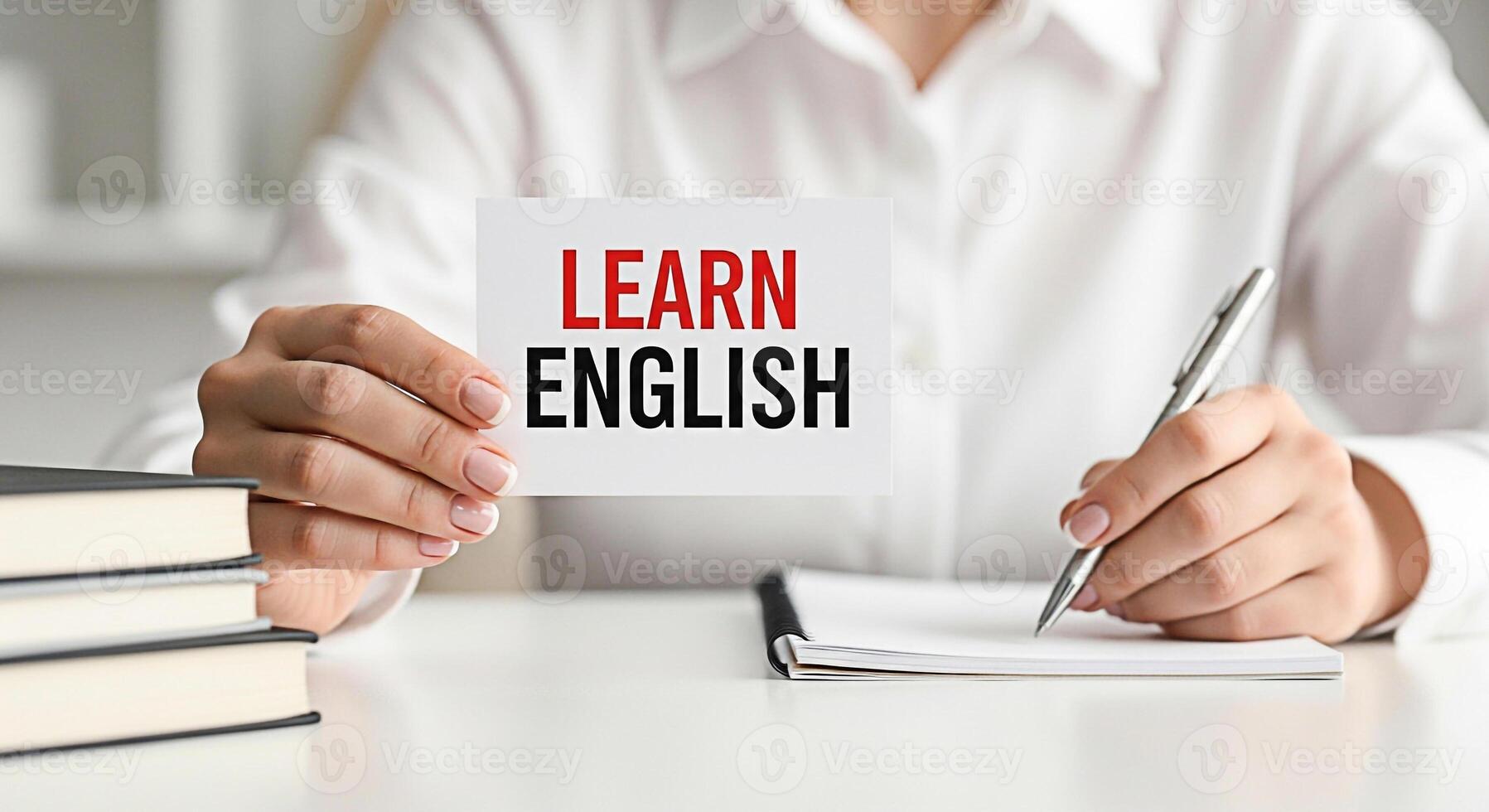 Focused student learns English at a bright desk holding a card with the words Learn English while taking notes symbolizing education language acquisition and the pursuit of knowledge with a positive a photo
