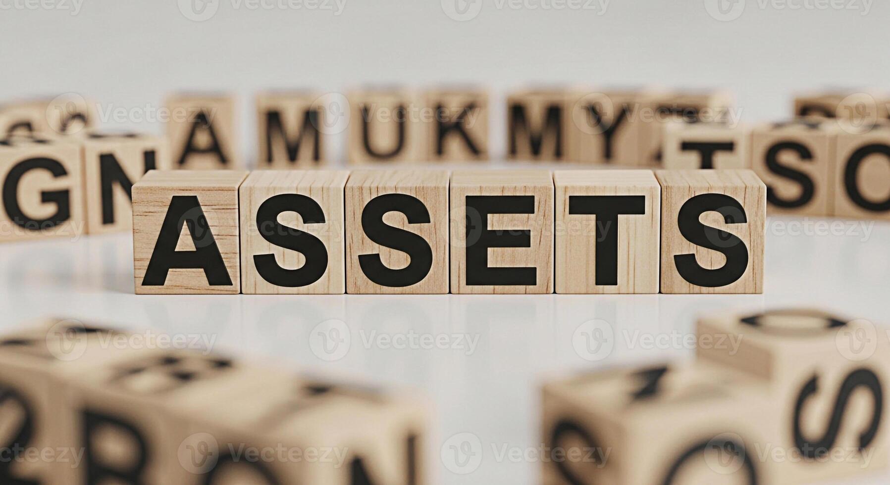 Wooden blocks spelling ASSETS on a white surface representing financial security and wealth management in a clean minimalist setting conveying a sense of stability and growth for investment portfolios photo