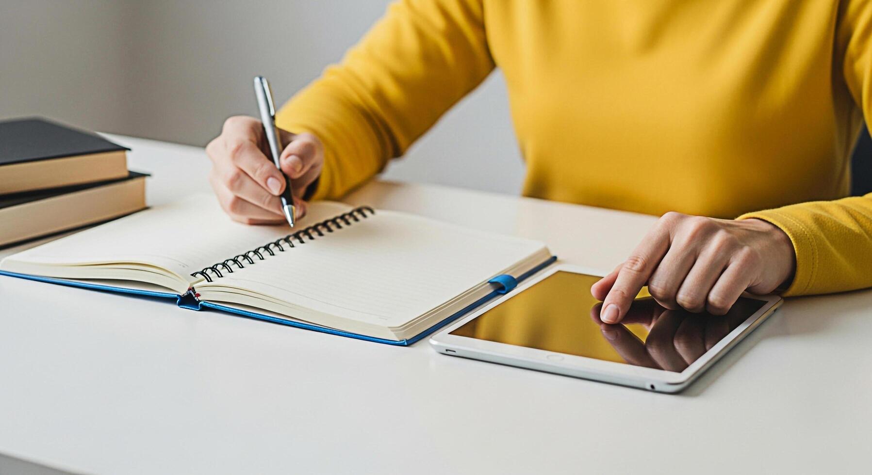 Focused student in a bright room taking notes in a notebook while using a tablet for research creating a productive and efficient learning environment for academic success and knowledge acquisition photo
