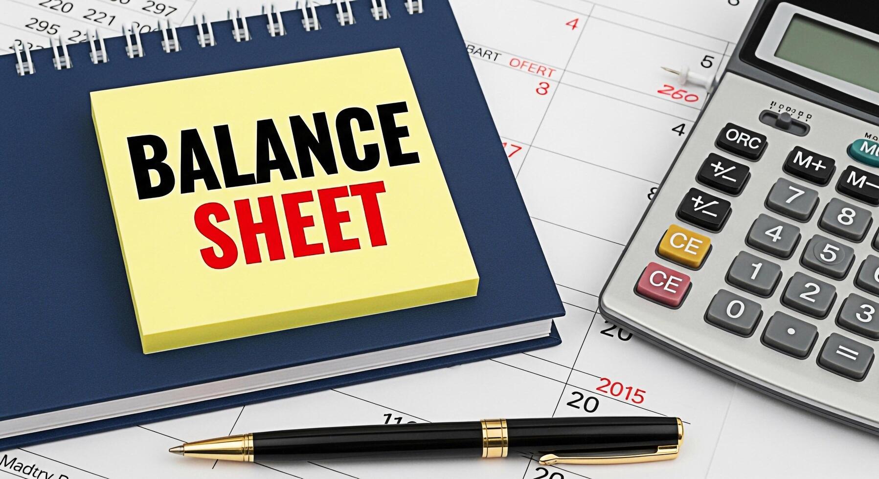 Closeup of a balance sheet concept with a yellow sticky note displaying the words BALANCE SHEET placed on a blue notebook alongside a calculator and pen symbolizing financial analysis and accounting p photo