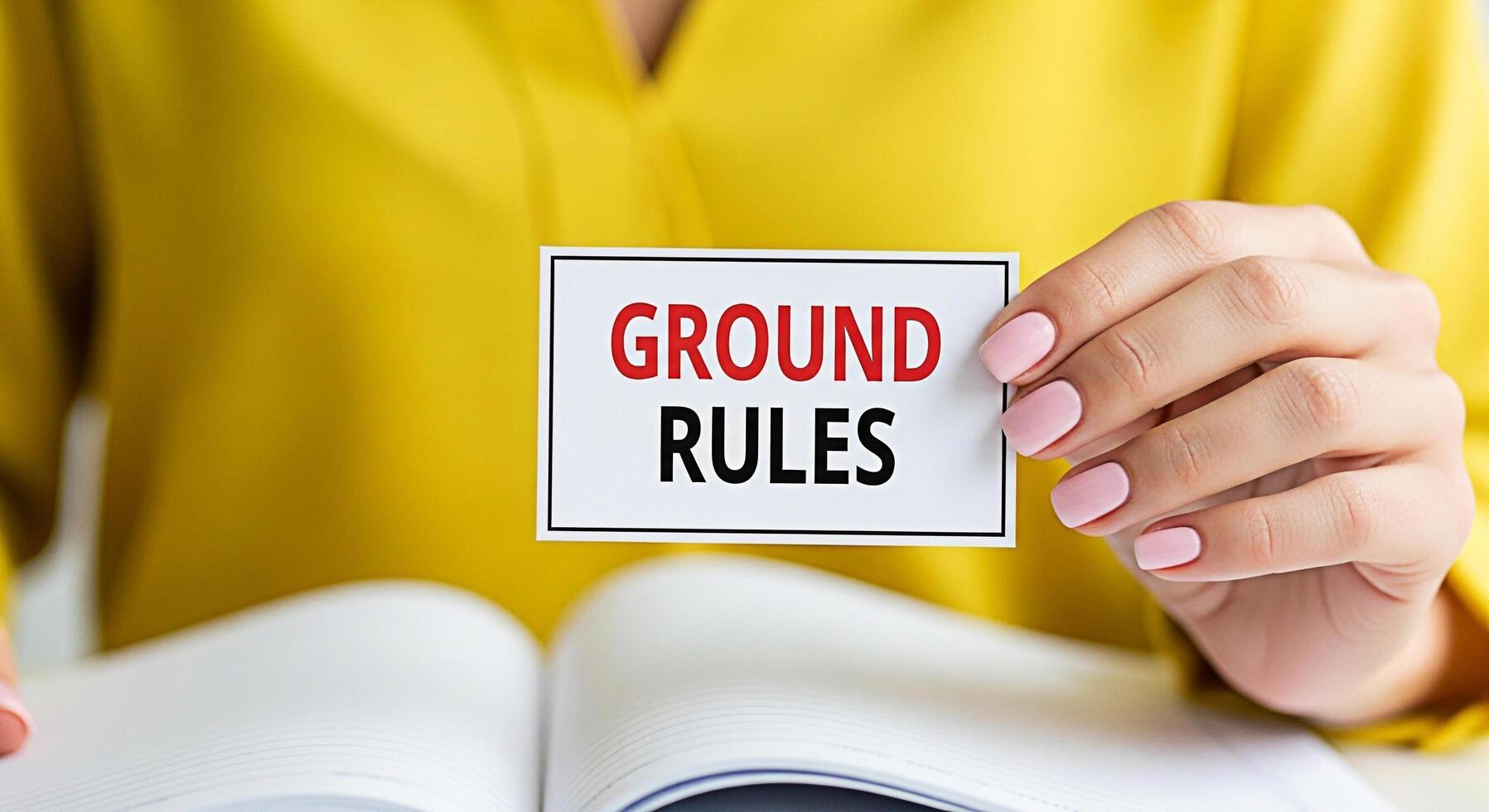 Woman holding a card with the words Ground Rules in front of an open book in a bright yellow setting emphasizing the importance of setting expectations and boundaries for success and clarity photo