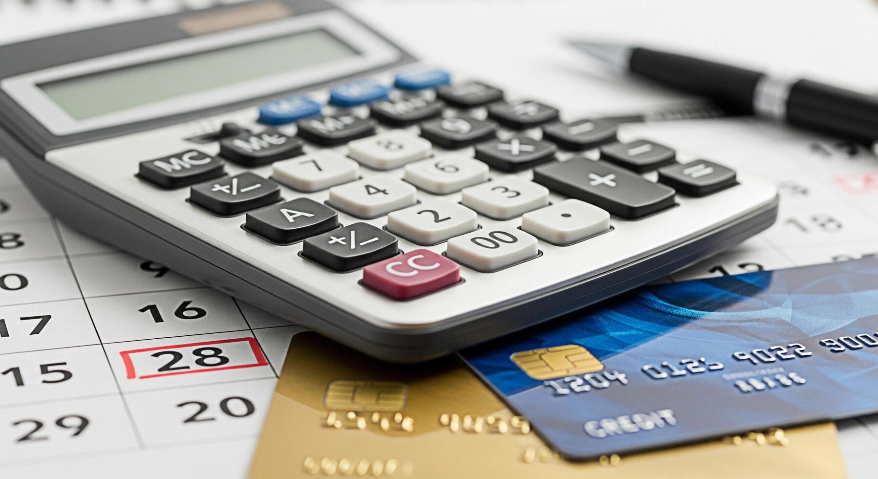 Closeup of a calculator resting on a calendar with a marked date alongside credit cards and a pen symbolizing financial planning and deadline awareness in a businessoriented setting photo