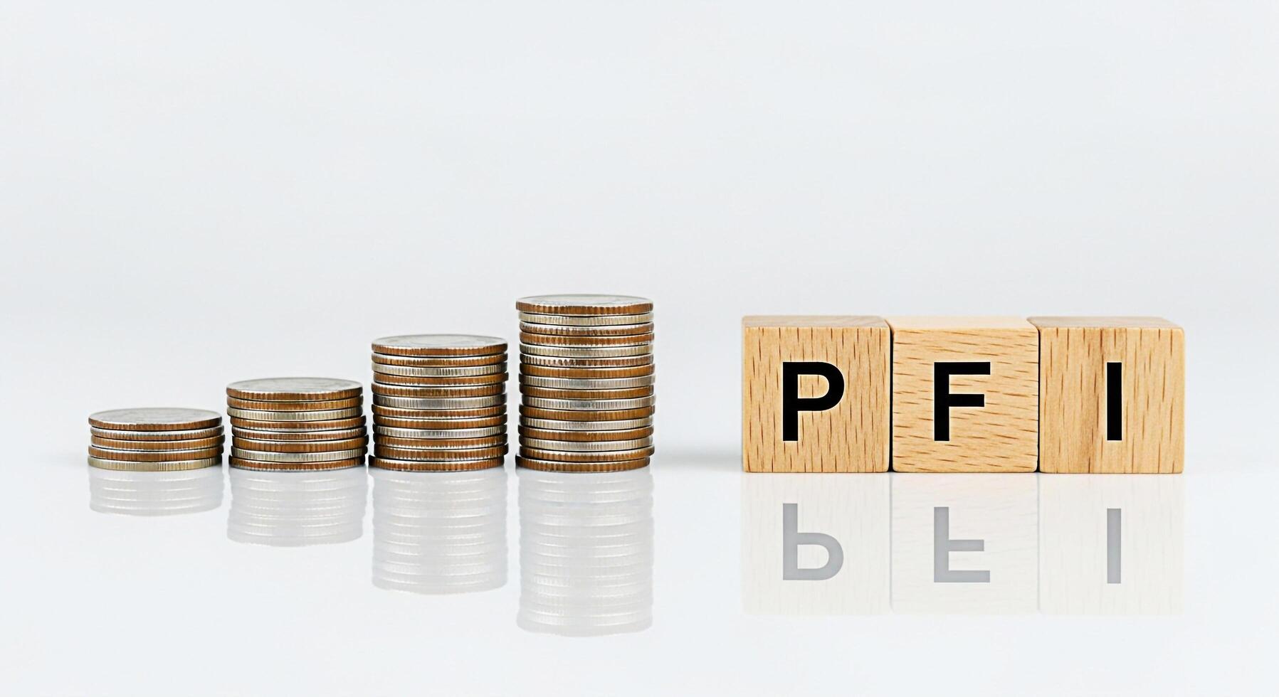 Stacks of coins increasing in height next to wooden blocks spelling PFI on a white reflective surface representing private finance initiative and financial growth with a clean and minimalist aesthetic photo