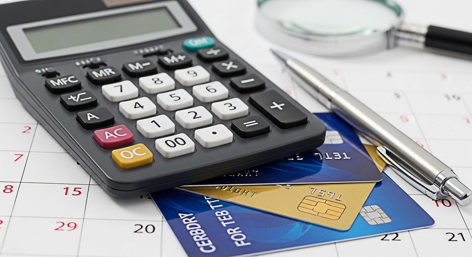 Closeup of a calculator credit cards and pen resting on a calendar symbolizing financial planning and expense tracking in a business or personal finance context creating a sense of organization and co photo