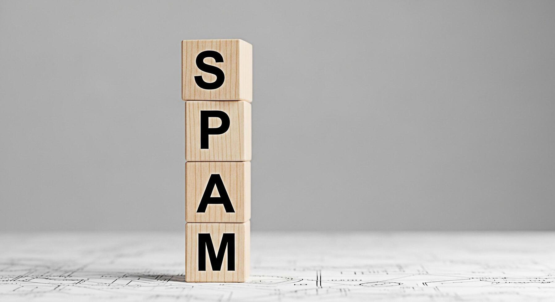 Wooden blocks spelling SPAM stacked on a white surface against a gray background representing unsolicited messages and unwanted content conveying a sense of frustration and the need for online securit photo