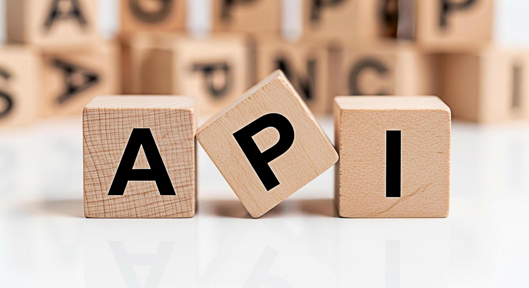 de madera bloques mostrando api en un blanco superficie representando solicitud programación interfaz en un conceptual estudio ajuste simbolizando conectividad integración y moderno tecnología soluciones foto