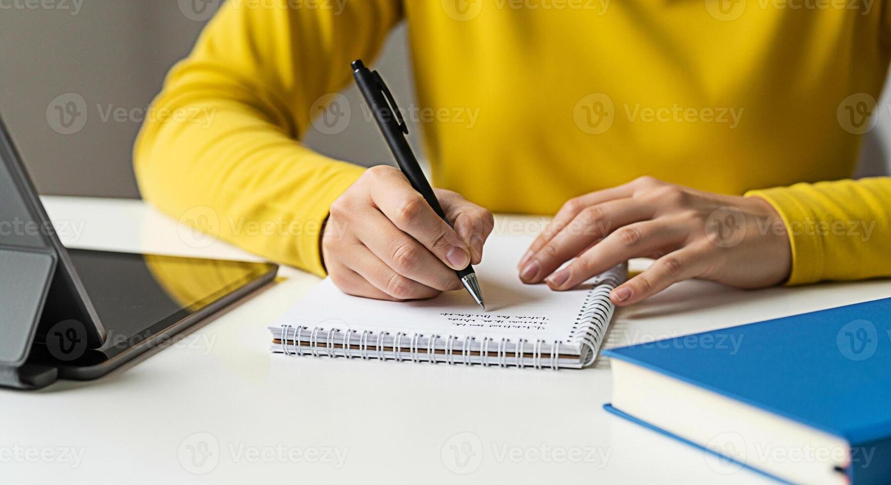 Focused student in a bright yellow sweater writing notes in a spiral notebook at a clean white desk with a tablet and book capturing the essence of studying and academic success in a modern learning e photo