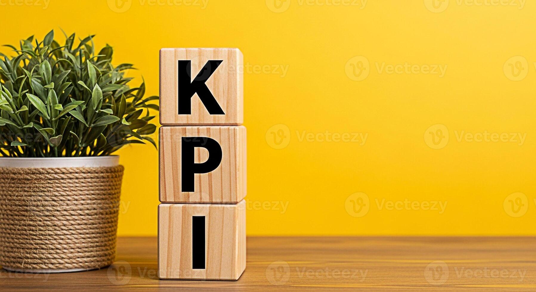 Wooden blocks displaying KPI on a wooden surface against a vibrant yellow background symbolizing business performance and strategic planning for achieving key performance indicators with a focus on gr photo