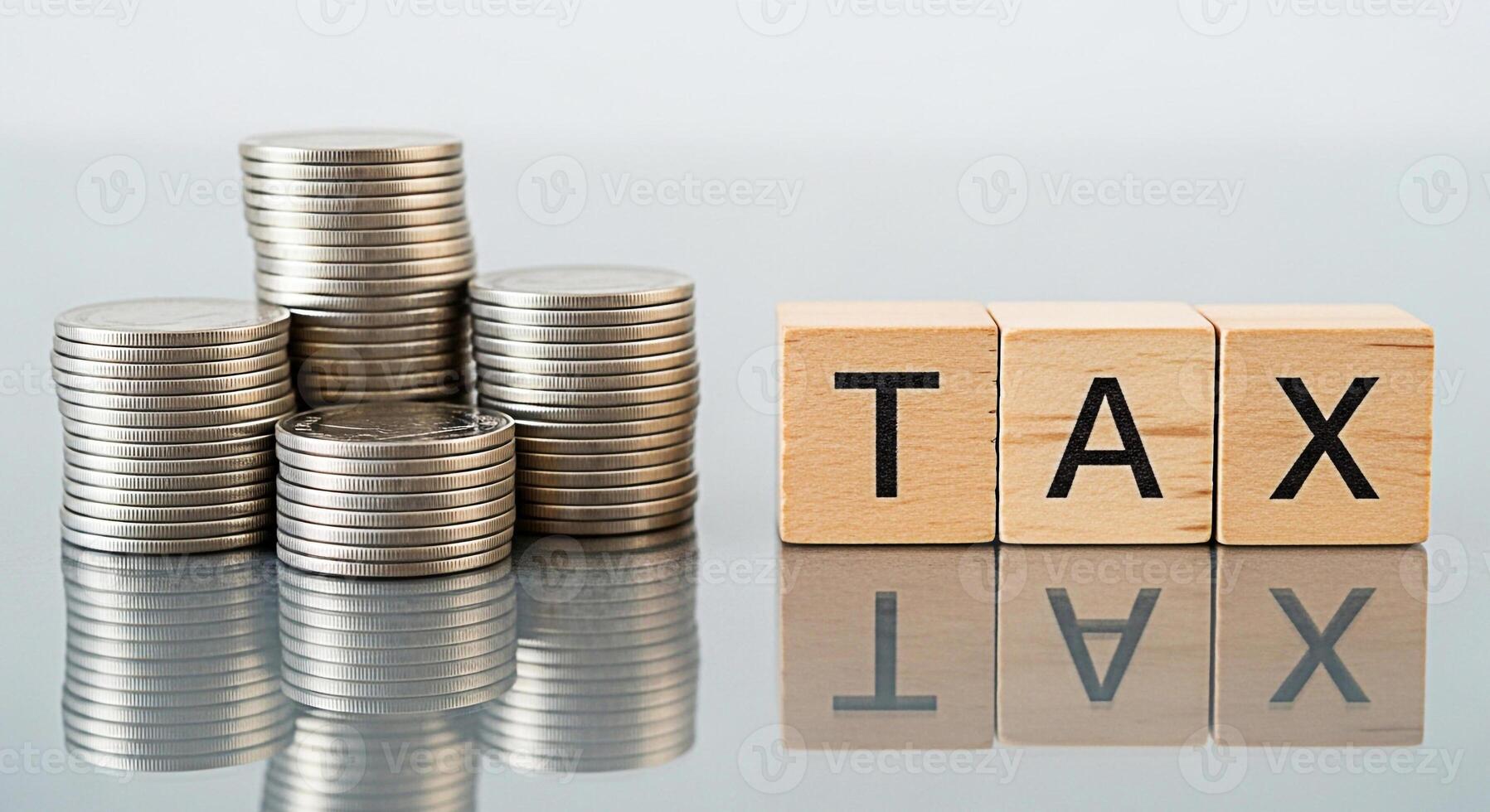 Stacks of coins and wooden blocks spelling TAX on a reflective surface representing financial planning and tax preparation symbolizing the burden and responsibility of taxation with a clean and modern photo