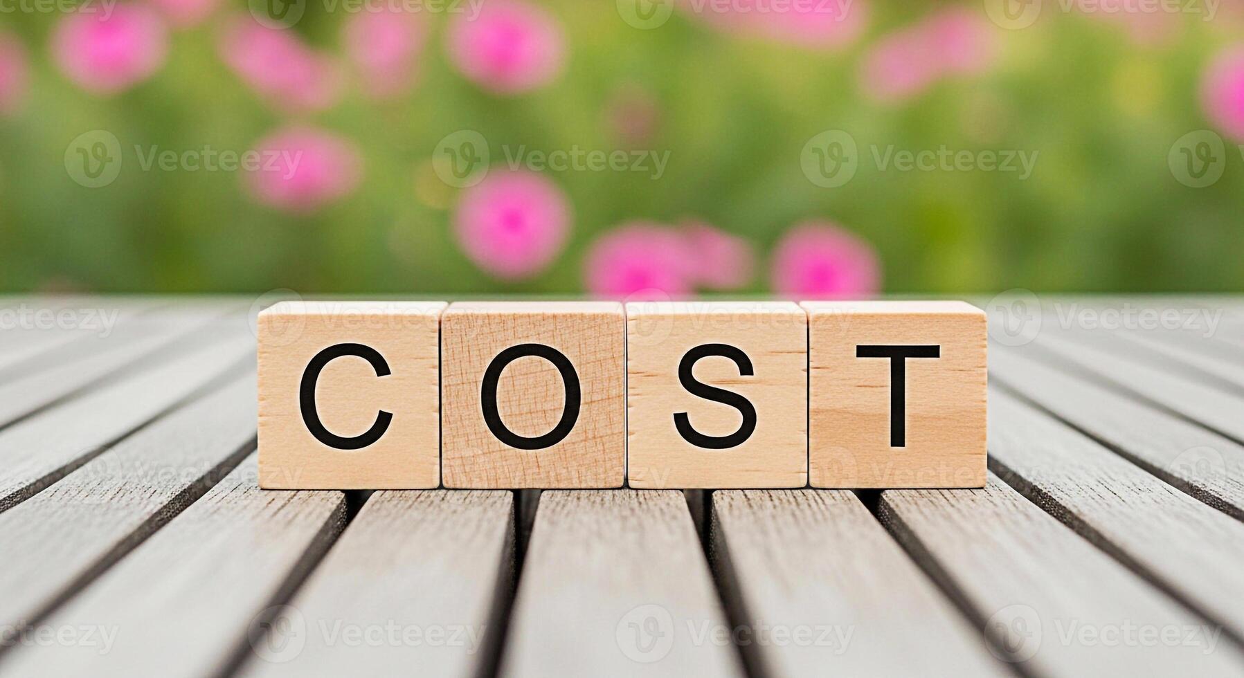 Wooden blocks spelling COST on a wooden table with a blurred floral background representing financial awareness and budget management in a serene and natural setting emphasizing costeffectiveness photo