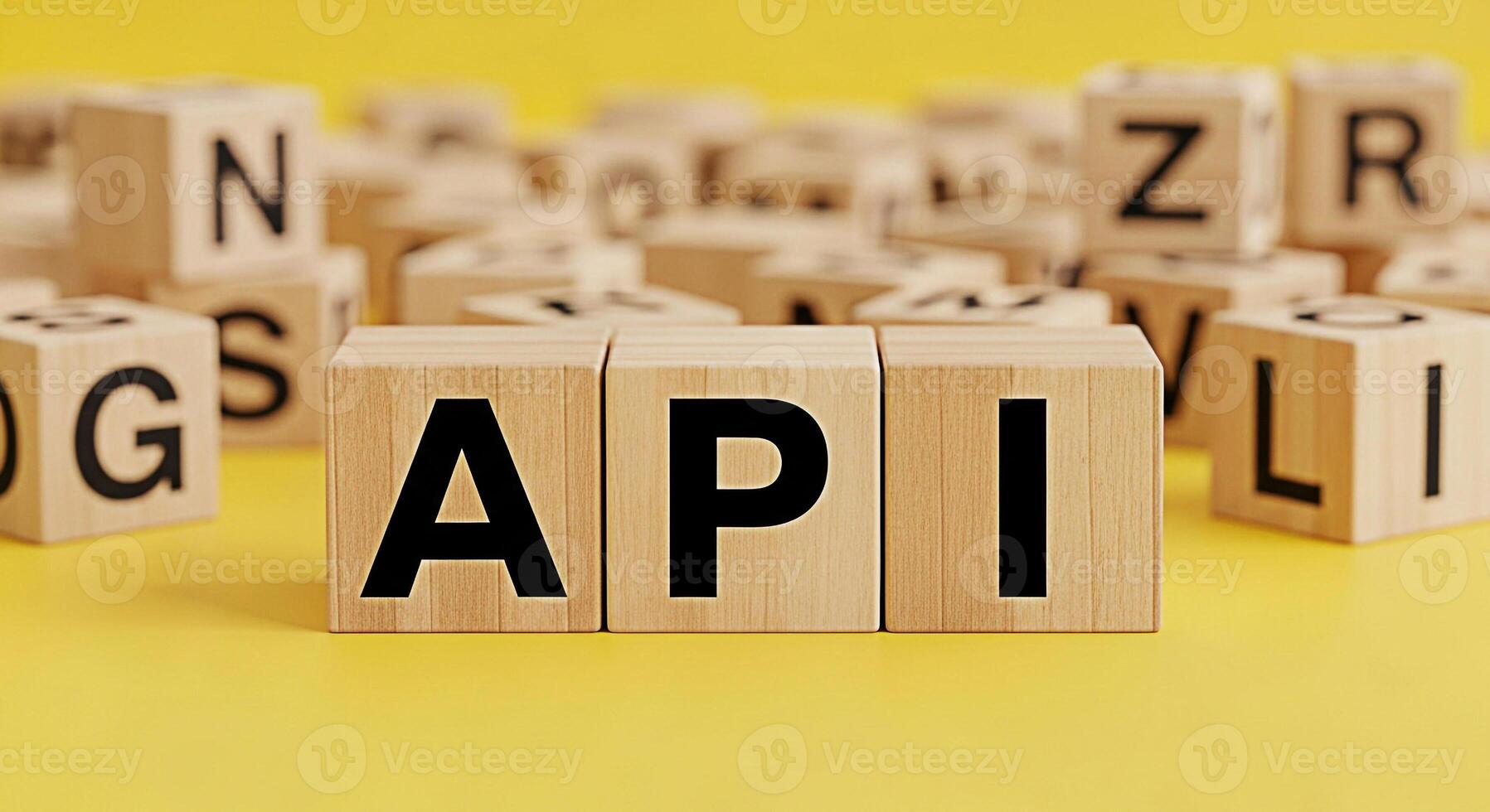 API concept represented by wooden blocks on a yellow surface symbolizing software development and integration in a bright and modern environment conveying a message of innovation and technology photo