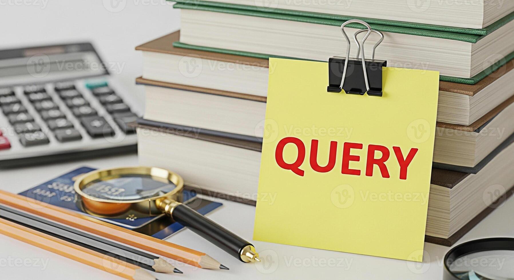 Closeup of a yellow sticky note displaying the word QUERY clipped to a stack of books with a magnifying glass pencils calculator and credit cards on a white table representing research and investigati photo
