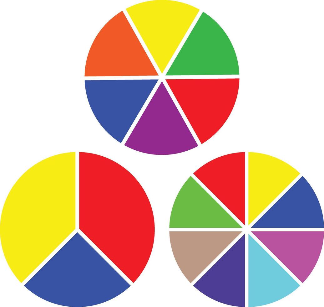 Three colorful pie charts divided into segments representing fractions and proportions of a whole vector