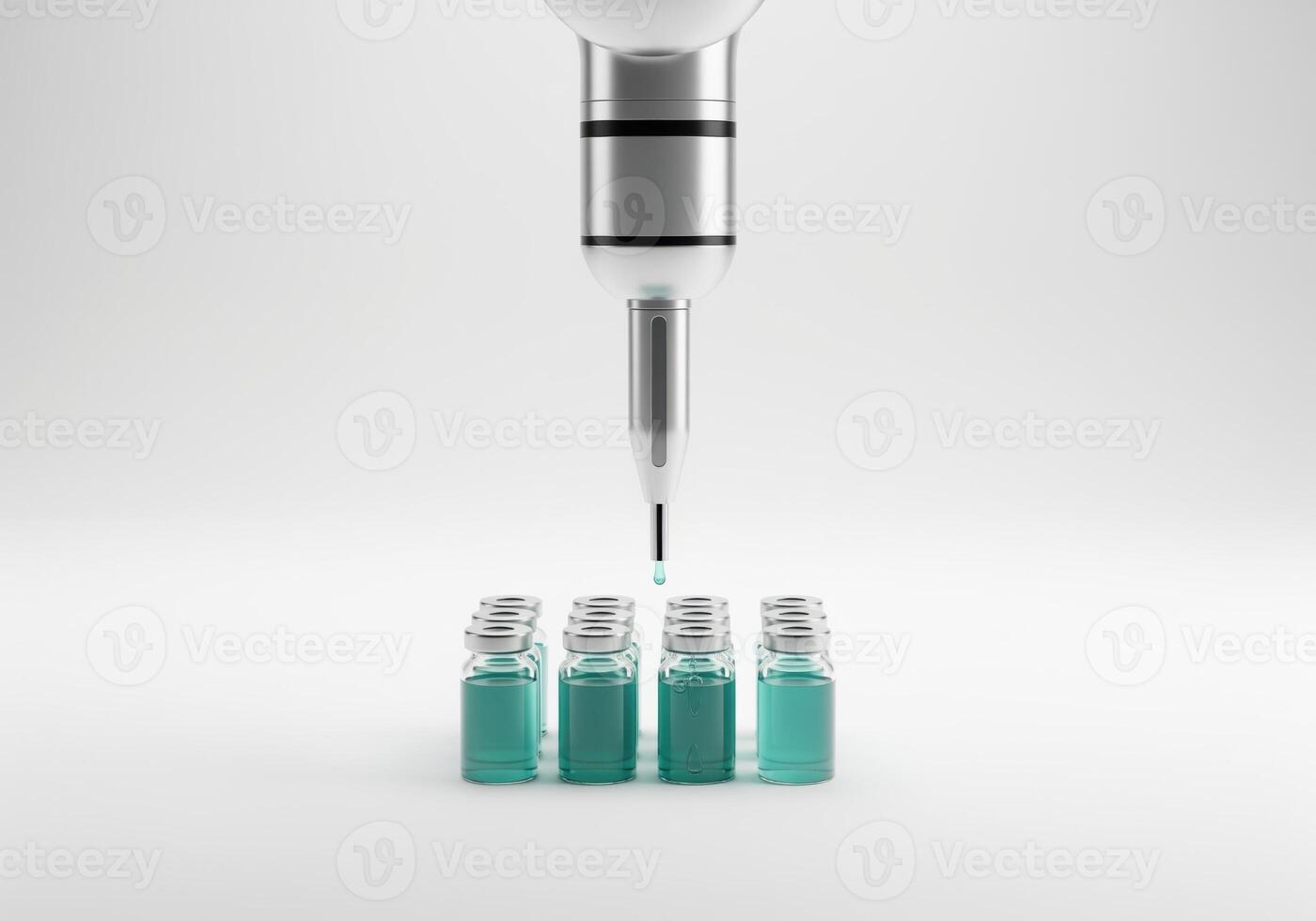 Automated robotic arm dispensing liquid into vaccine vials illustrating precision and science photo