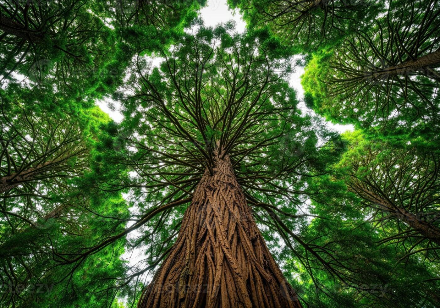 Towering giant tree trunk viewed from below reaching into the dense green forest canopy. photo