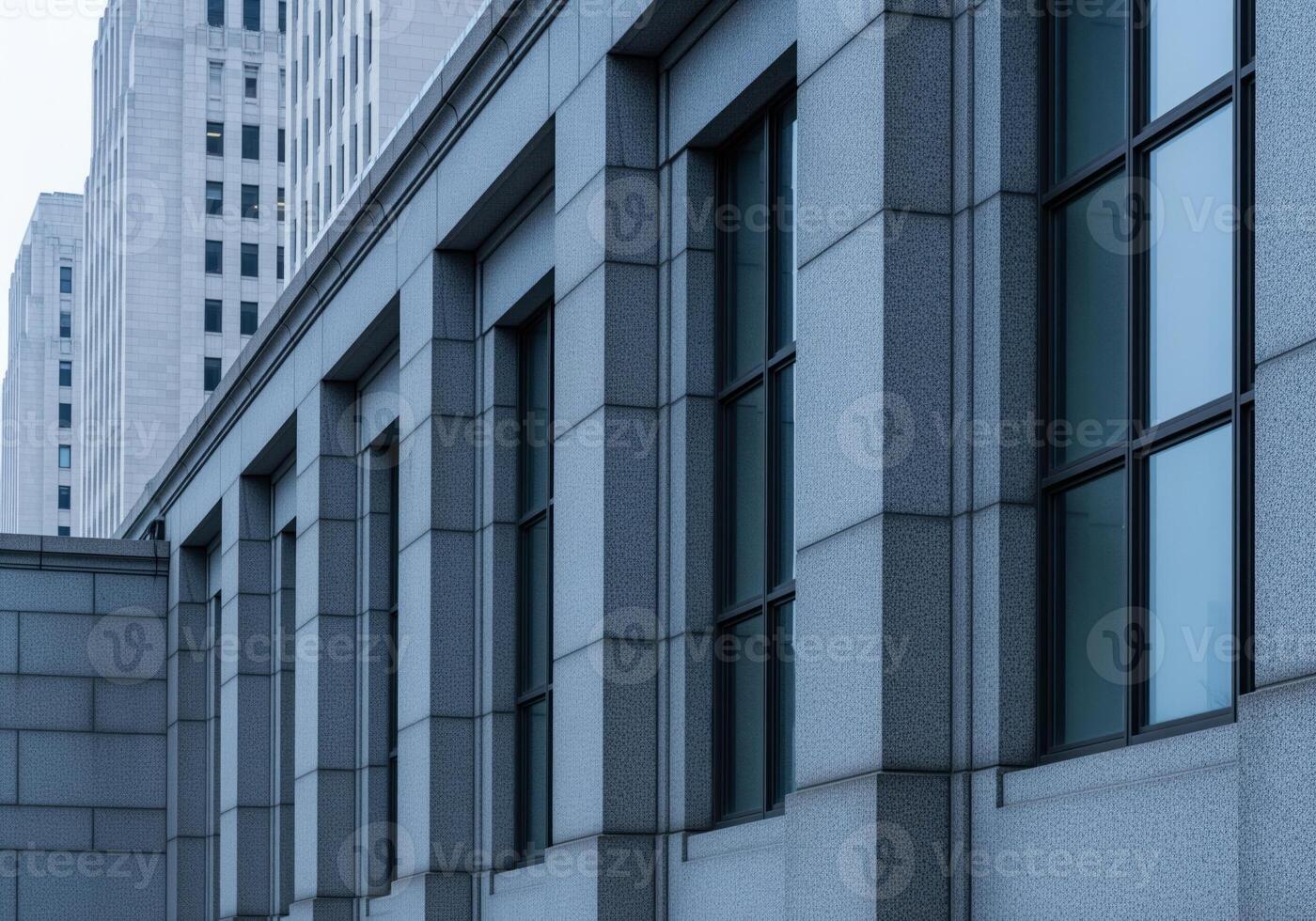 Striking modern architecture featuring gray stone facade and vertical window alignment. photo