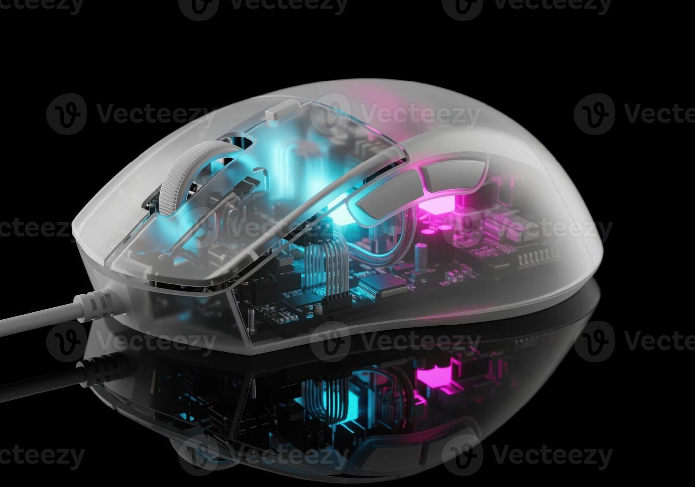 Translucent computer gaming mouse showing internal circuits and neon light photo