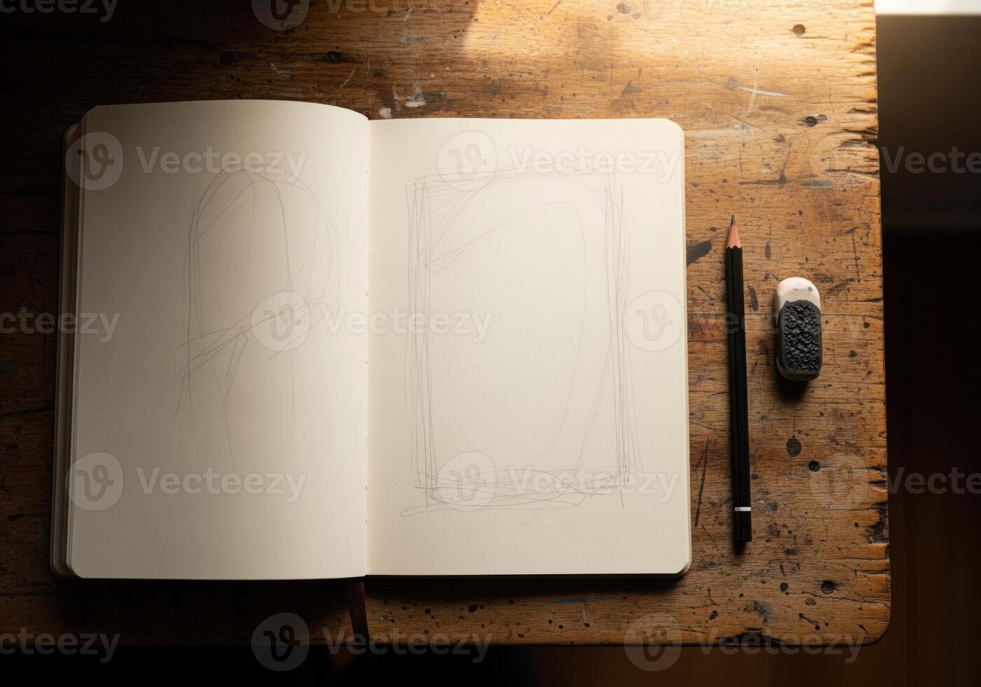 Open artist sketchbook with pencil and eraser on rustic wood table top view photo