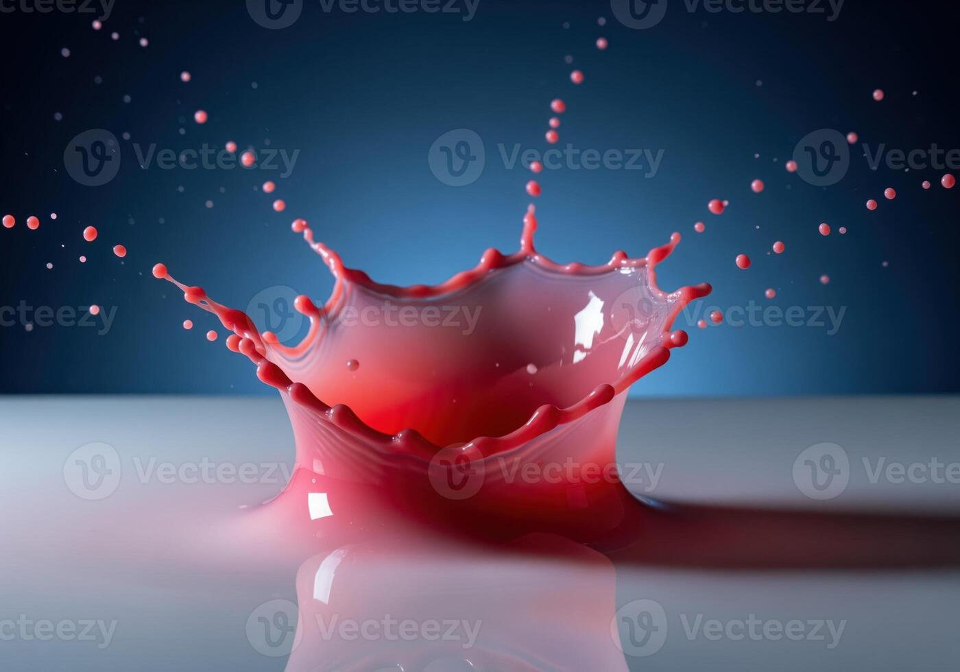 Dynamic ruby red liquid splash crown and droplets captured in high speed action photo