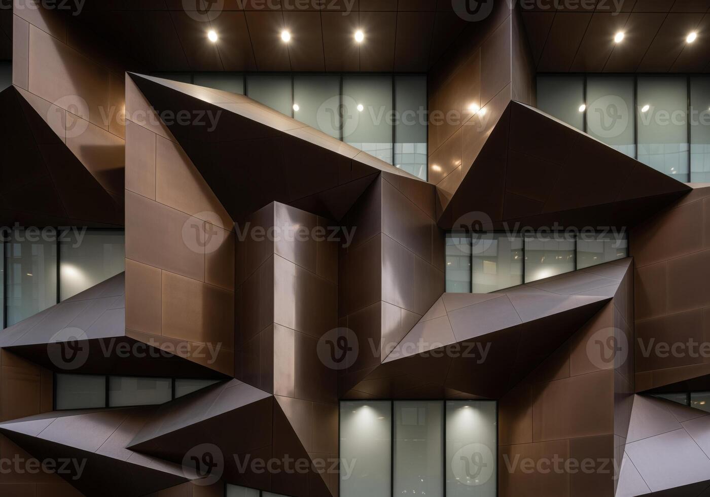 Modern architectural facade detail with sharp angular geometric bronze panels photo