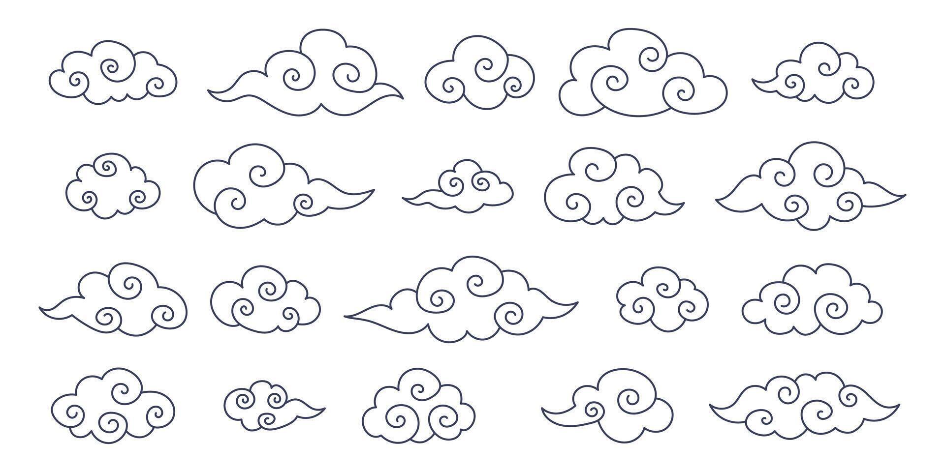 Set of outlines of Asian clouds. Minimalistic Chinese and Japanese linear clouds for patterns, print and digital design. vector