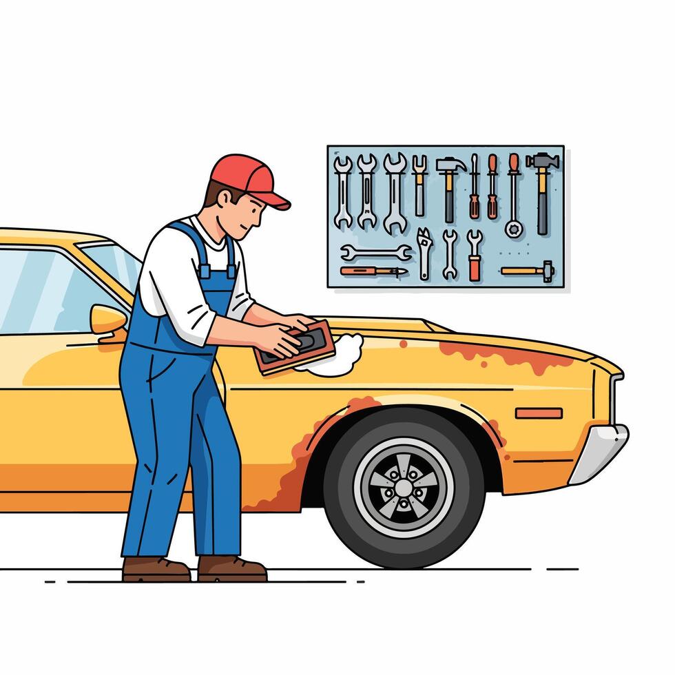 Mechanic Working on a Rusty Yellow Car in a Garage Setting vector