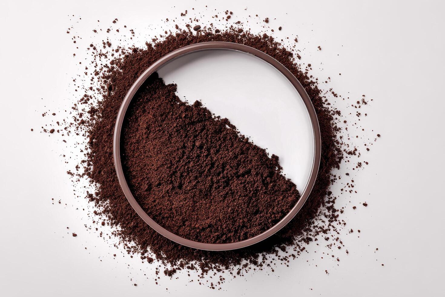 Ground Coffee Spread on a White Surface Creating a Circular Pattern photo