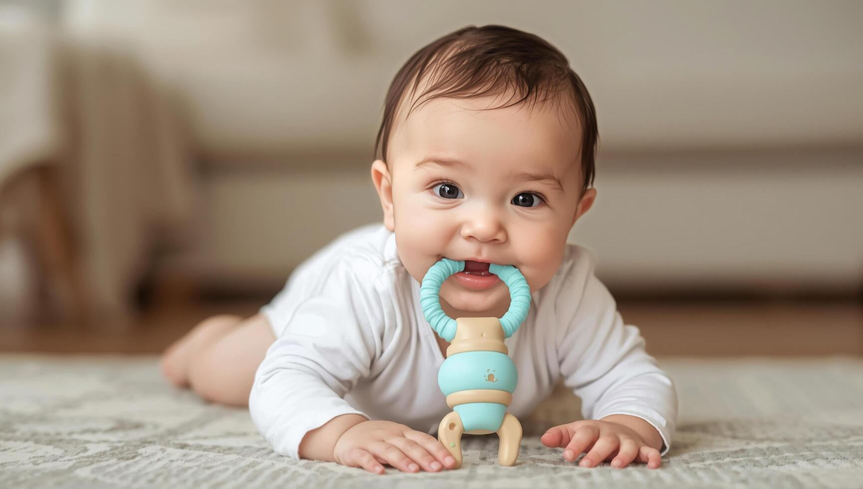 Baby Playing With Colorful Toy on Soft Carpet in a Bright Room photo