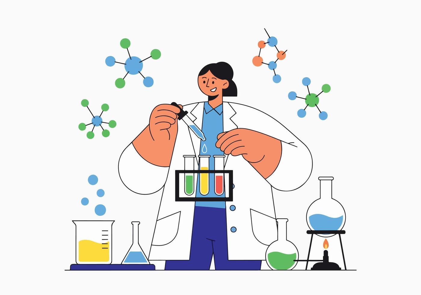 Scientist Performing Experiments with Molecular Structures and Equipment vector