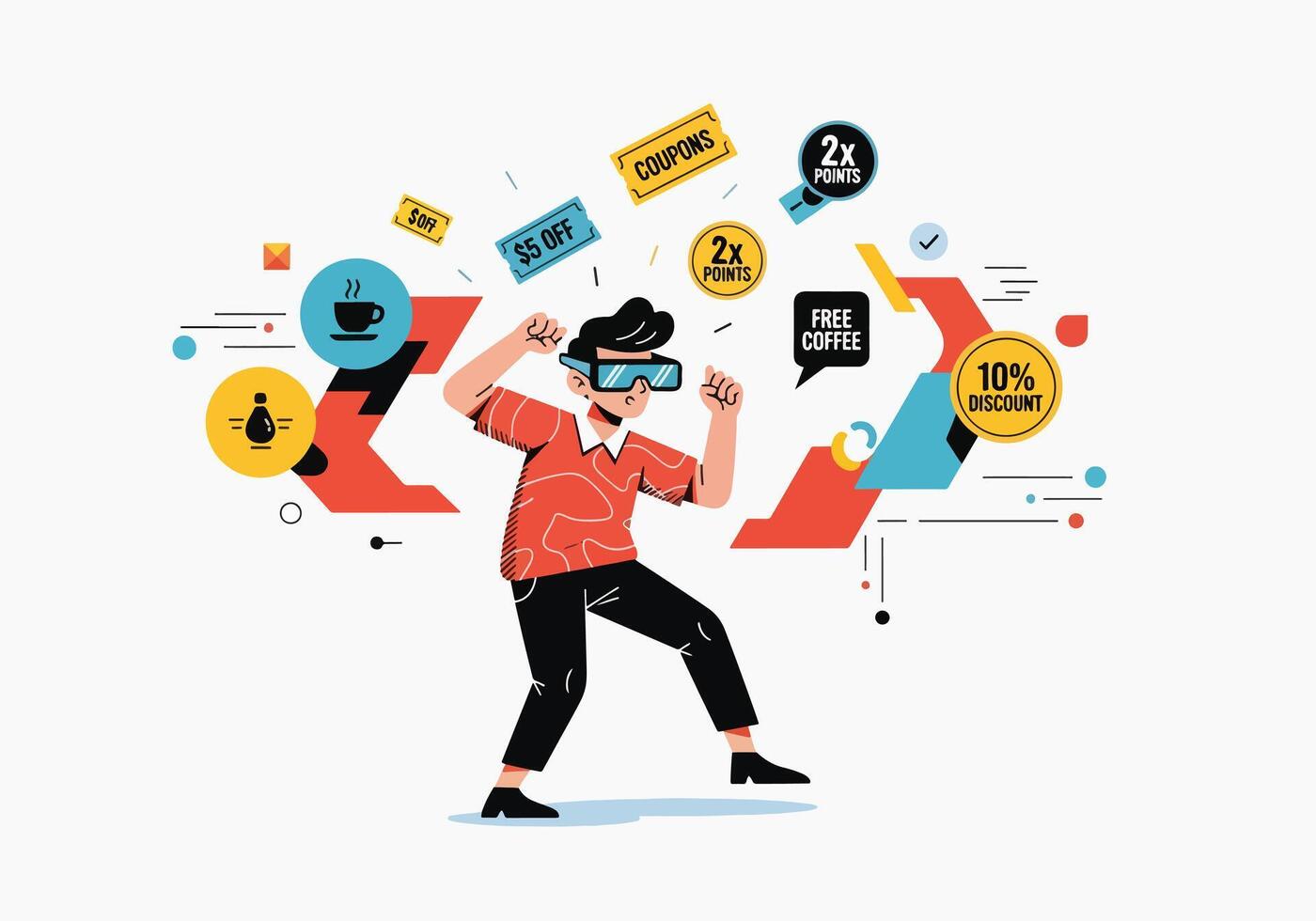 Man Immersed in Virtual Reality Experiencing Digital Offers and Rewards vector