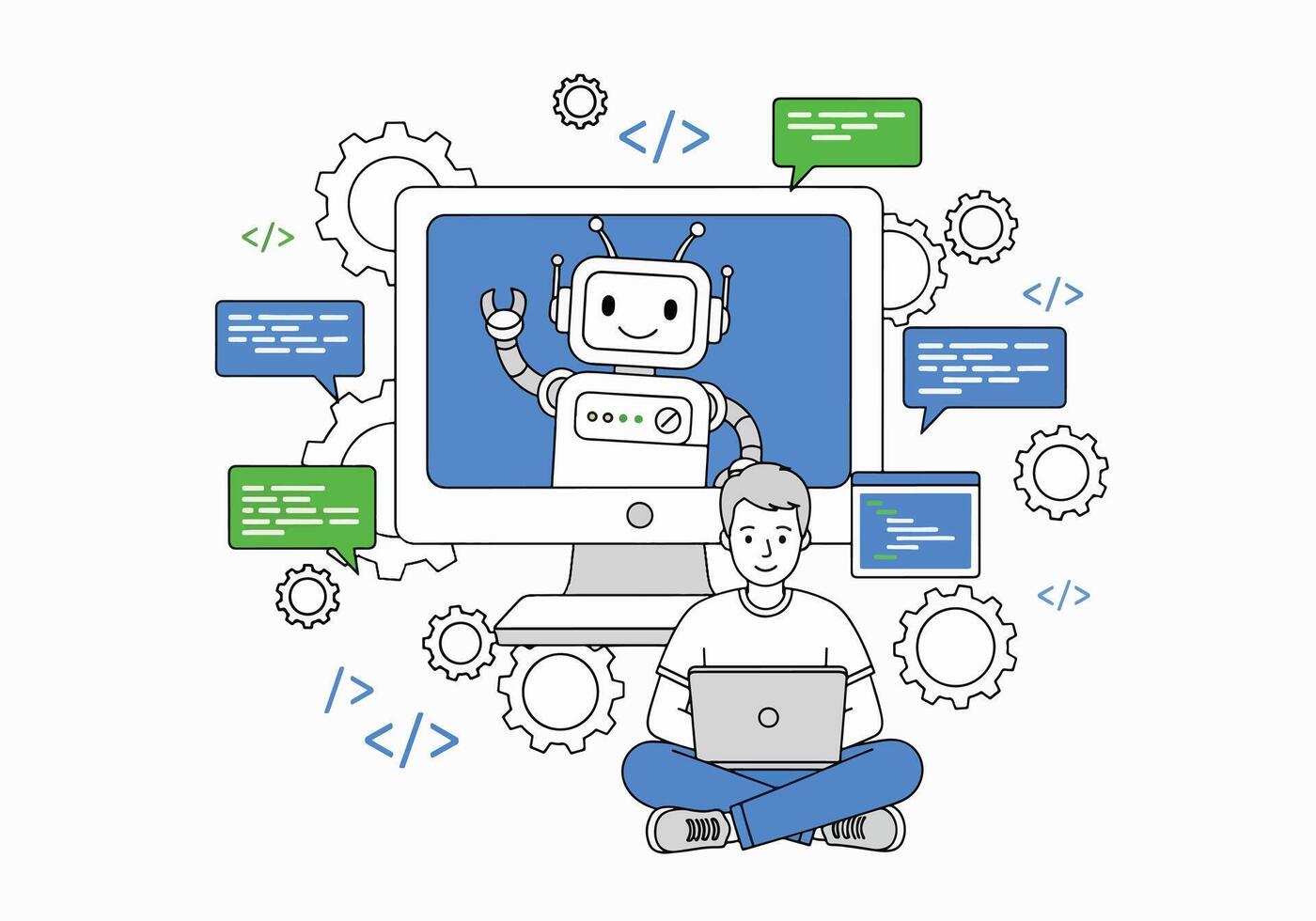 Person working on a laptop with a robot on computer screen vector