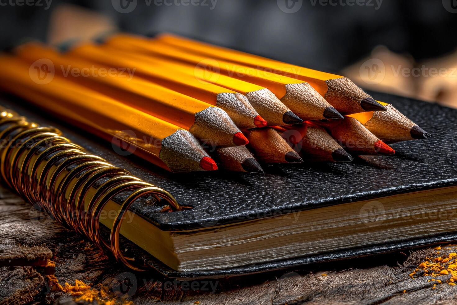 A collection of sharpened colored pencils is arranged neatly on top of a black notebook. The background shows a rustic wooden surface, enhancing the creative atmosphere photo