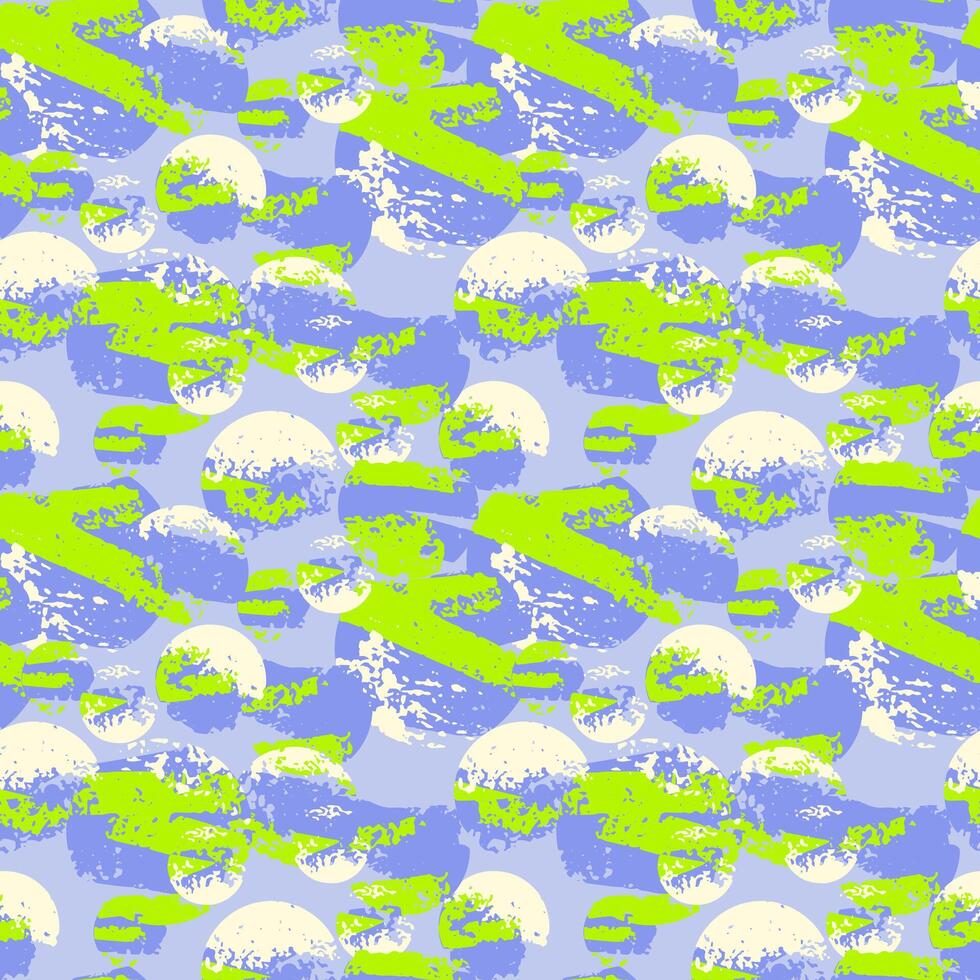 Seamless abstract pattern with textured circular and brush like shapes in vivid lime green, lavender, and cream tones. Trendy geometric design for fabric and prints vector