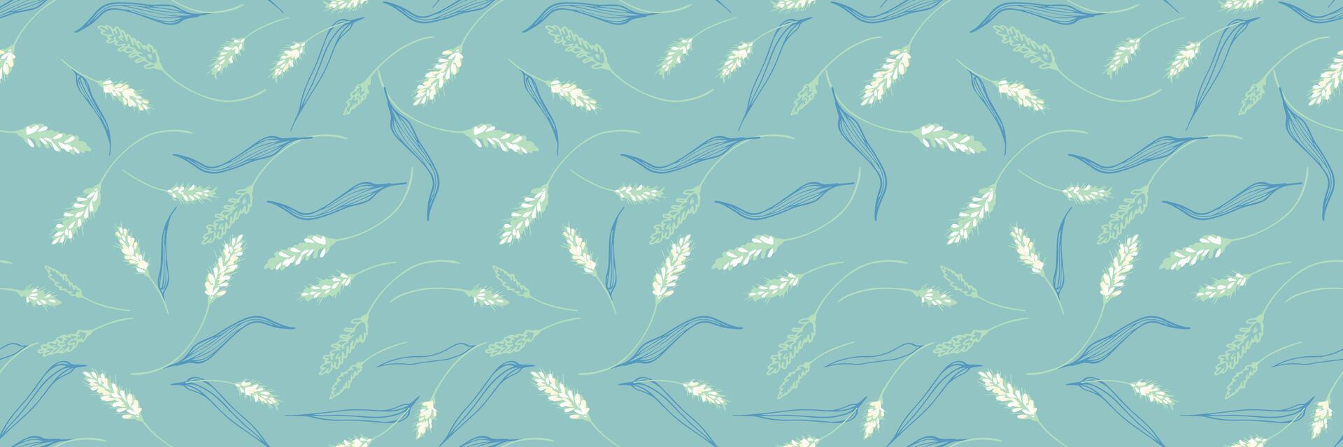 Seamless pattern with graceful wheat stems and curved leaves in soft blue and cream tones on a teal background. Elegant botanical design for fabric, decor, and packaging vector