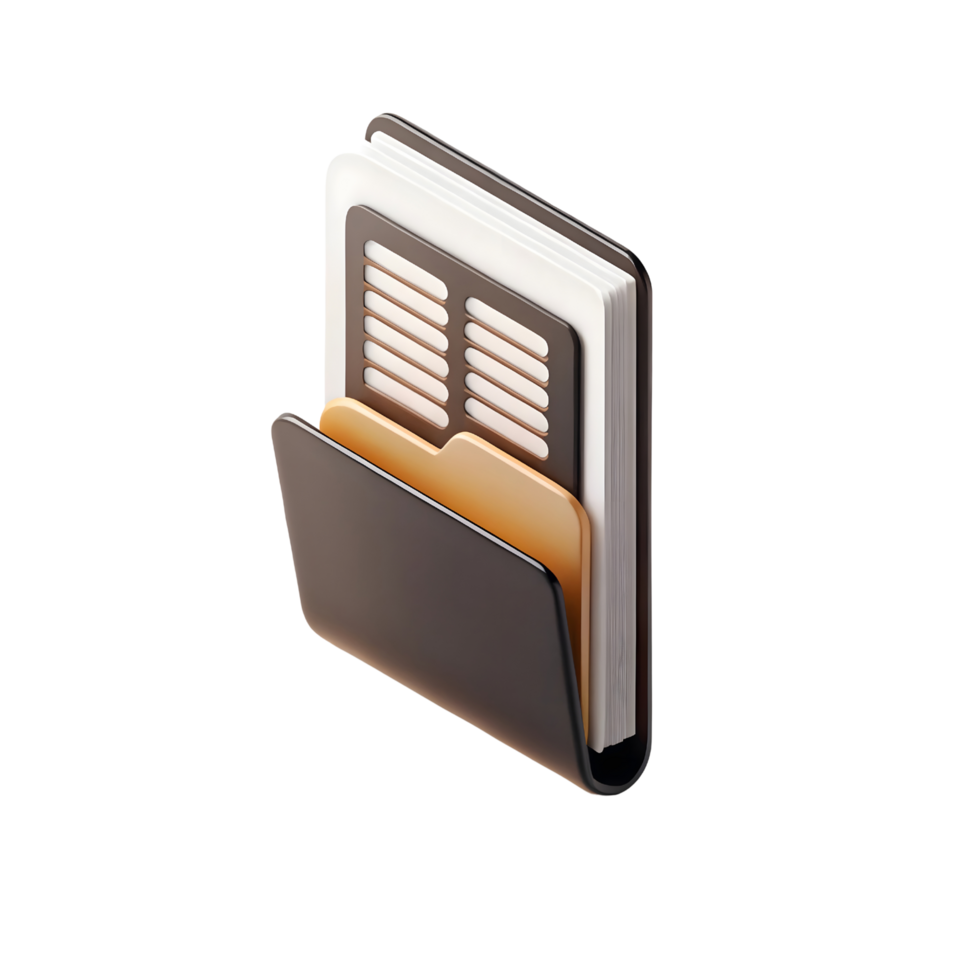 isométrico Visão do a aberto Arquivo pasta com documentos dentro isolado em transparente fundo png